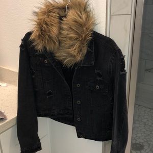 F21 cropped black denim jacket